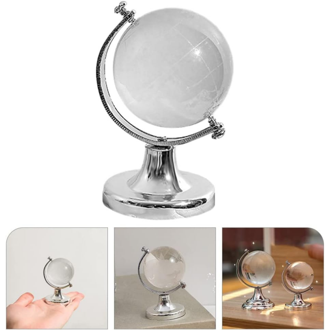 - Dekoratif Şeffaf Küre Dünya Topu – Ayaklı Cam Küçük Masa Üstü Biblo ve Ofis Aksesuarı