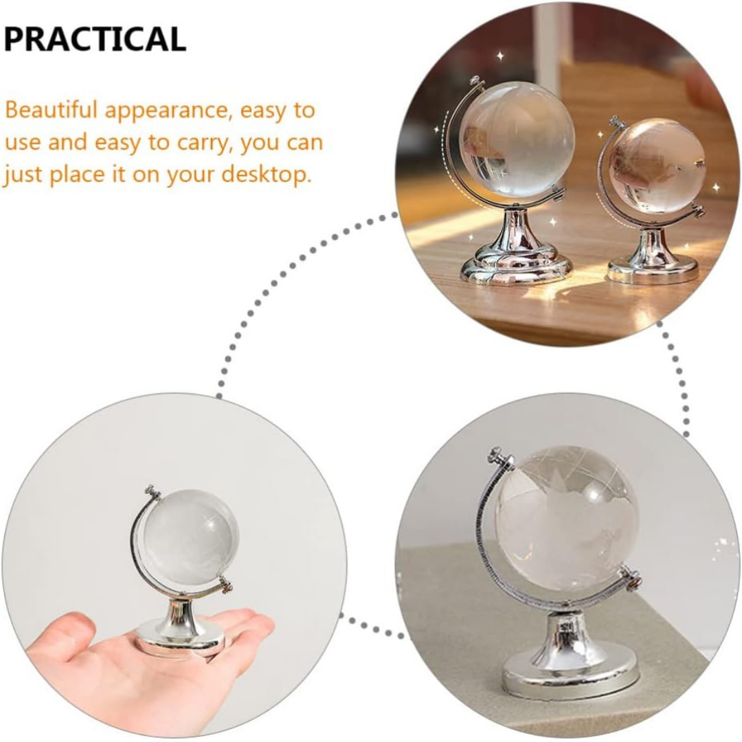 - Dekoratif Şeffaf Küre Dünya Topu – Ayaklı Cam Küçük Masa Üstü Biblo ve Ofis Aksesuarı