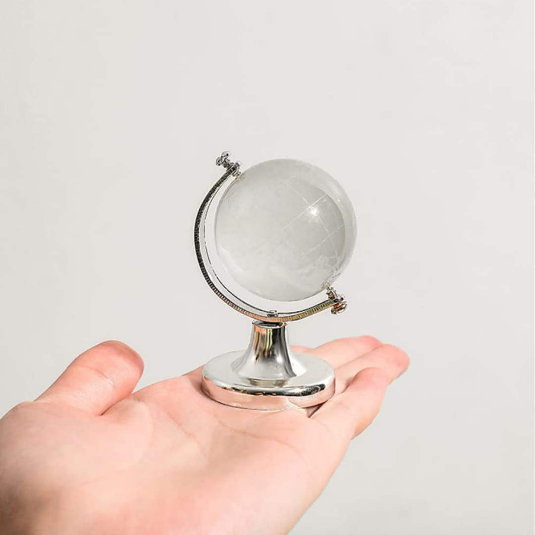 - Dekoratif Şeffaf Küre Dünya Topu – Ayaklı Cam Küçük Masa Üstü Biblo ve Ofis Aksesuarı